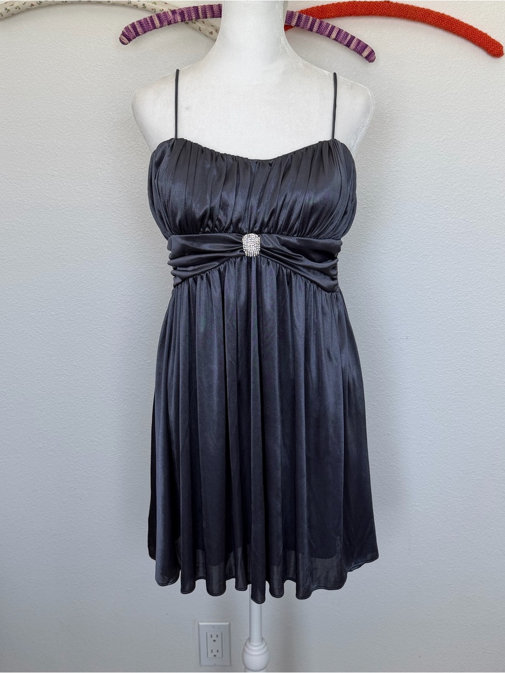 Y2K Morgan & Co. Dark Grey Satin Spaghetti Strap Babydoll Mini Dress SIze Large